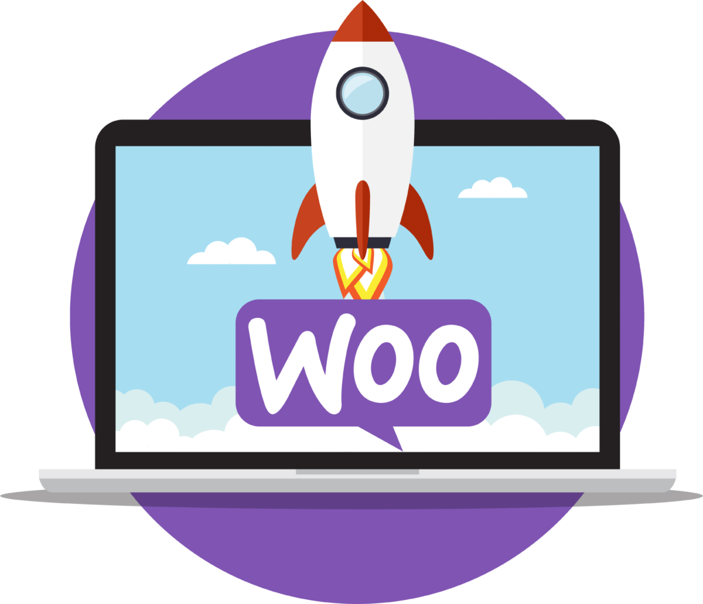 Kompiuteris su WooCommerce logotipu ir raketa