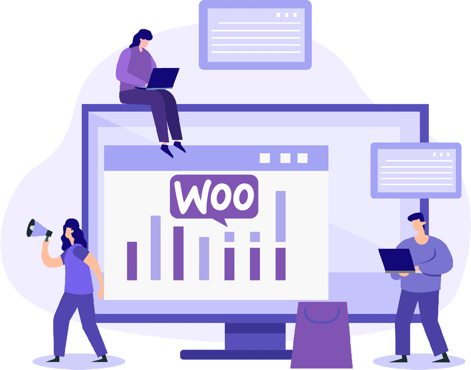 Dirbantys Iliustraciniai asmenys prie kompiuterio, kuris rodo WooCommerce svetainę
